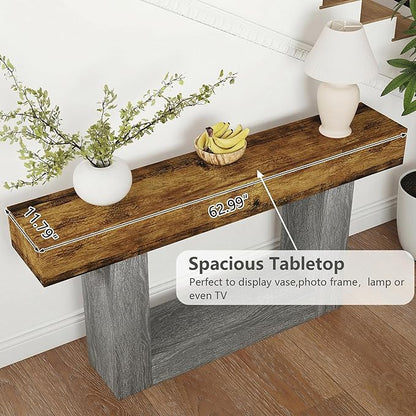 Spaco 63'' Long Console Table,2 Tier Farmhouse Entryway Table Sofa Table with Storage,Wood Behind Couch Table for Living Room, Hallway,Foyer (Rustic Brown w/Grey Leg)