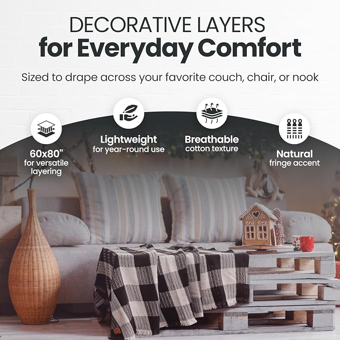 Gold Case Throw Blanket for Couch - 100% Recycled Turkish Cotton Blankets & Throws - Buffalo Soft Throw Blankets for Living Room - Boho Decorative Woven Couch Blanket - 60x80 - Black