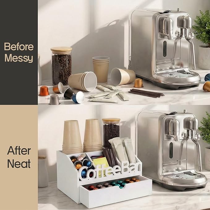 Coffee Bar Organizer for Countertop – Wooden Coffee Station with Drawer, Tea and K Cup Storage Condiment Rack, Coffee Pod Holder for Home and Office Organization (Drawer - White)