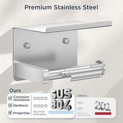 FORIOUS Toilet Paper Holder with Shelf, Adhesive or Screw Wall Mount Toilet Roll Holder for Bathroom, Rustproof 304 Stainless Steel Commercial Toilet Tissue Holder with Storage, Brushed Nickel
