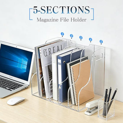 5-Tier Clear Acrylic File Holder, Vertical Document Organizer for Magazines, Binders, Notebooks & Envelopes - Multi-Purpose Desk Storage for Home Office（A4,5 Sections）