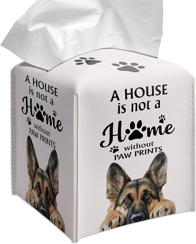 Grace Yonks Cute German Shepherd Tissue Box Cover Square, German Shepherd Dog Cube Case for Facial Tissues, 5.2" PU Leather(032)