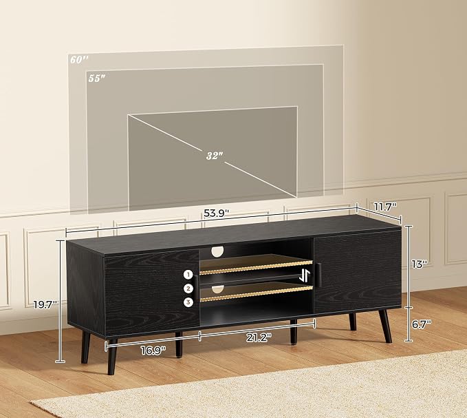 SUPERJARE TV Stand for 55 Inch TV, Entertainment Center with Adjustable Shelf, 2 Cabinets, TV Console Table, Media Console, Solid Wood Feet, Cord Holes, for Living Room, Bedroom, Black