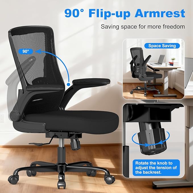 Office Chair Ergonomic Desk Chair with Comfy Mesh, Adjustable Height and Computer Use, for Home Office, Featuring Silent Wheel and Flip-Up Armrests, Comfortable for Long Hours