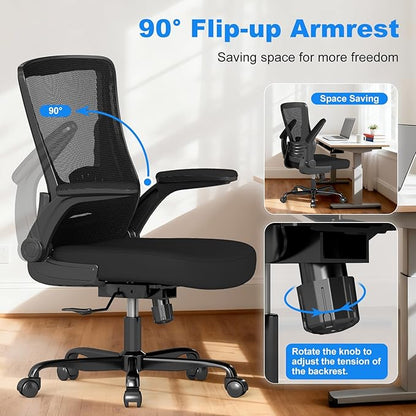 Office Chair Ergonomic Desk Chair with Comfy Mesh, Adjustable Height and Computer Use, for Home Office, Featuring Silent Wheel and Flip-Up Armrests, Comfortable for Long Hours