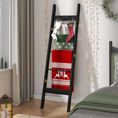 Hzuaneri Blanket Ladder for Living Room, Decorative Quilt Rack with 4 Removable Hooks, 5-Tier Farmhouse Ladder Holder Shelf Organizer for Bedroom, Black BR02104B