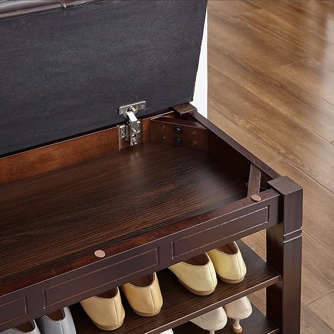 Shoe Storage Bench with Cushion, Entry Bench with Storage Solid Wood Shoe Bench Ideal for Entryway Living Room and Corridor (Brown 39.4'')