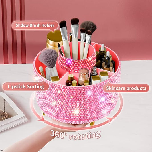 fanado Bling 360° Rotate Makeup Brush Holder Organizer, Makeup Organizers Countertop, Makeup organization and Skincare Storage for Vanity, Gift for Women Girls (Bling dz-Pink)