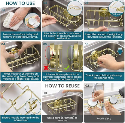 TAILI Sponge Holder with Strong Suction Cup, 4-in-1 Rustproof Sink Organizer - Sink Caddy Holds Sponges, Brushes, Stoppers & Scrapers -Gold