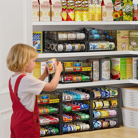 3-Pack Stackable Can Rack Organizer for Pantry, Adjustable Can Holder for Various Ounce of Cans up to 90, Rolling Can Dispenser for Canned Food Soup Goods Storage in Kitchen Cabniet, 2 Tier, Black