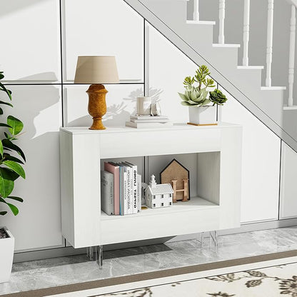 Narrow Console Table with Hidden Side Storage Cabinets, Adjustable Shelves, Modern Entryway Sofa Table for Behind The Couch, Living Room, Hallway, White