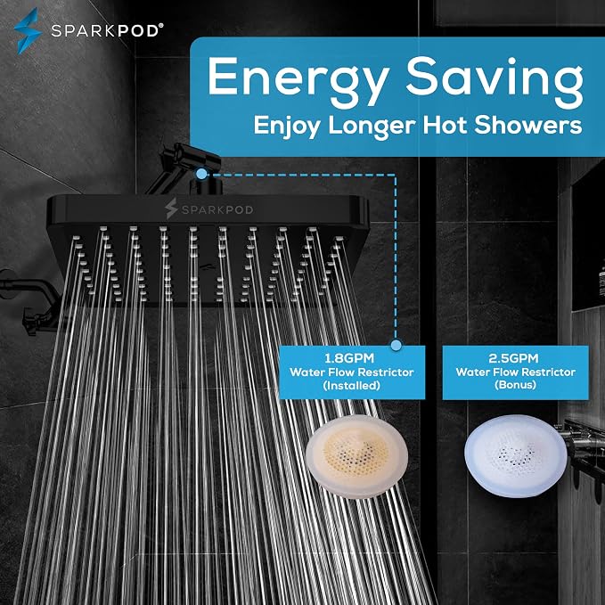 SparkPod Rain Shower Head, 8 Inch Square | High Pressure Shower Heads, 90 Nozzle (Touch-to-Clean), Adjustable Showerhead, No-tool Universal Connection