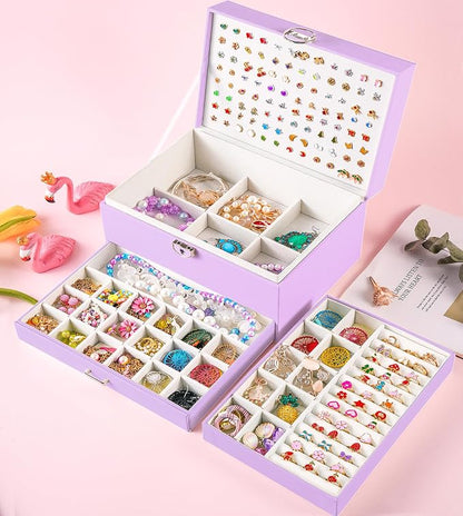 QBestry Earrings Jewelry Box for Girls, 5 Layers Jewelry Organizer with Earring Holder Organizer for Girls Earring Organizer Jewelry Boxes for Women Earrings and Necklaces Jewelry Box Organizer Violet
