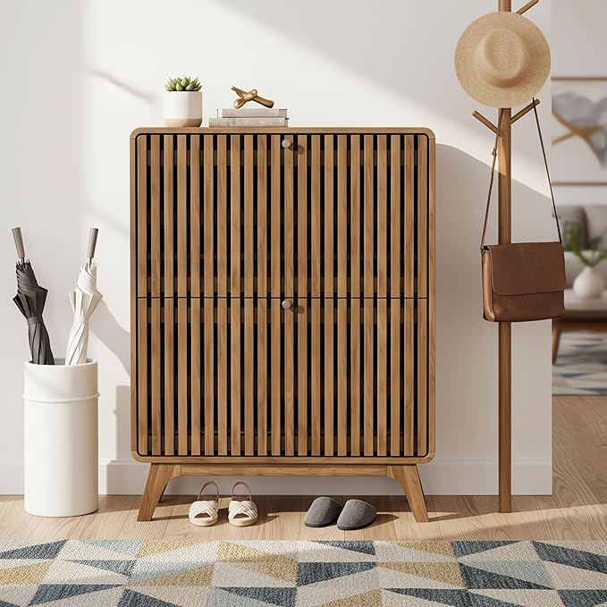 Fluted Narrow Shoe Cabinet for Entryway, Slim Wood Shoe Storage Cabinet with Flip Drawers, Bamboo Thin Shoe Rack Organizer for Entry Way, Hallway, Hidden, Walnut