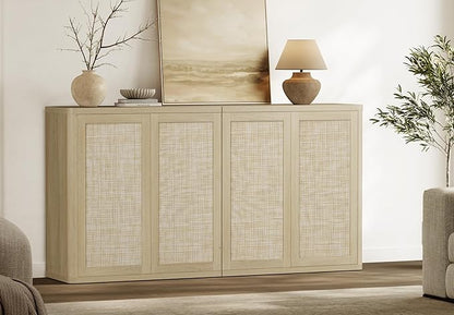 SICOTAS Rattan Buffet Sideboard Storage Cabinet - 64" Modular Boho Farmhouse Credenza Stand with Adjustable Shelves, Large Coffee Bar Console Cabinet for Living Room, Kitchen, Entryway (2 PCS)