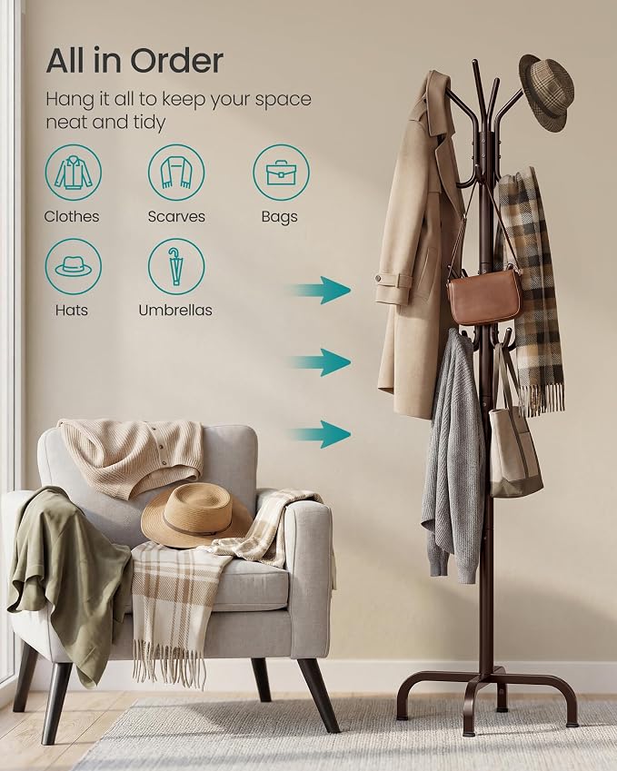 SONGMICS Coat Rack Freestanding with 16 Hooks, Metal Coat Tree Stand with 4 Adjustable Feet, Clothes Hanger Stand for Entryway Bedroom Living Room Hallway Office,Bronze URCR083MZ01S