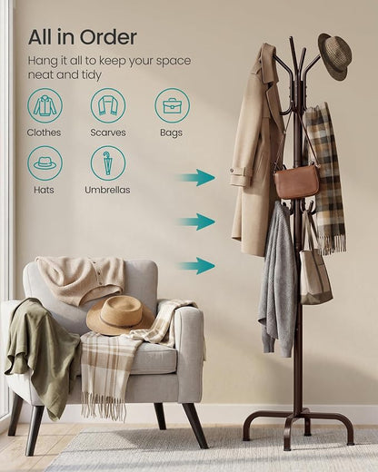 SONGMICS Coat Rack Freestanding with 16 Hooks, Metal Coat Tree Stand with 4 Adjustable Feet, Clothes Hanger Stand for Entryway Bedroom Living Room Hallway Office,Bronze URCR083MZ01S