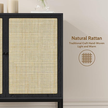 Yechen Set of 2 63" Sideboard Cabinet with Natural Rattan Doors, Buffet Console & Accent Cabinet, Rattan Credenza Storage with Metal Legs for Living Room, Kitchen, Dining Room/Black+Nautural