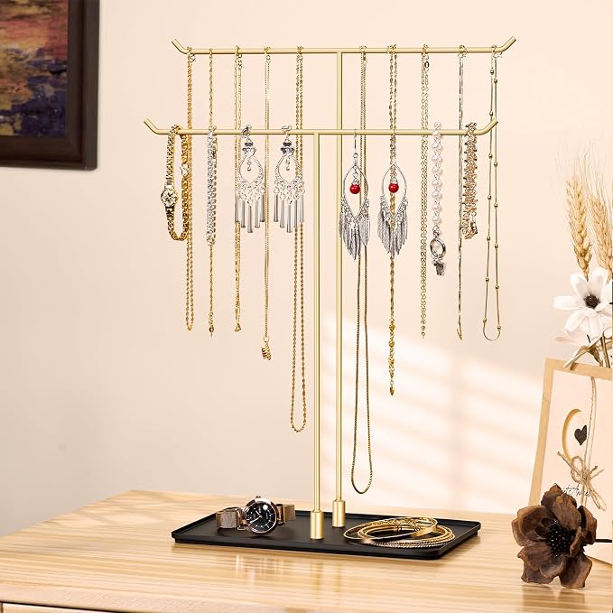 bussdis Necklace Holder Jewelry Stand Organizer for Necklaces and Bracelets, Metal Display Stand, Gift for Women, Ideal for Home, Bedroom, or Vanity, Gold and Black