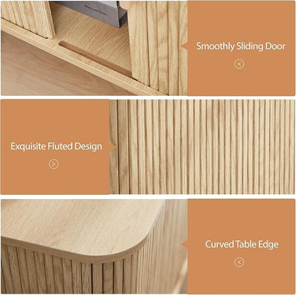 Farmhouse Square End Table with Charging Station, 24" Large Fluted Sofa Side Table with Sliding Tambour Door and Storage, Rustic Curved Wood Nightstand for Living Room, Bedroom, Natural
