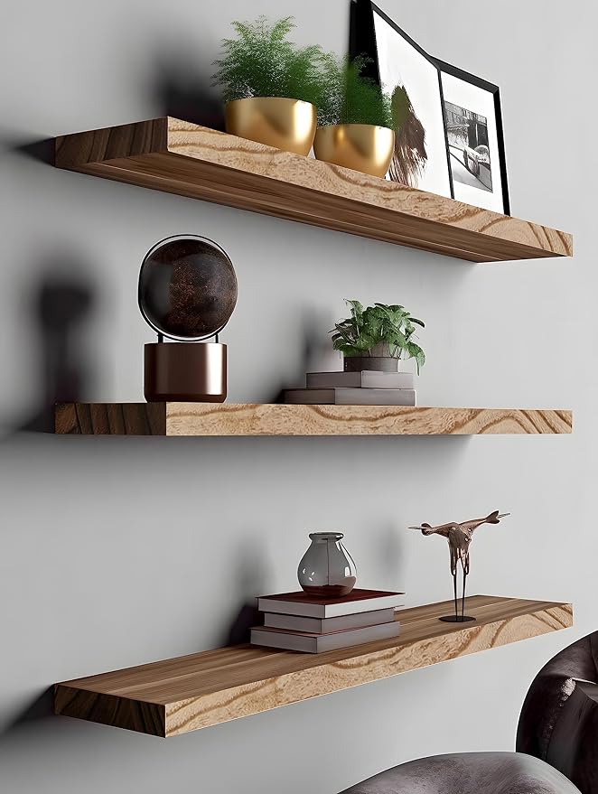 YYWUOJJ Wood Floating Shelves for Wall, Rustic Wall Shelves for Bedroom, Wall Mounted Floating Shelf, Set of 4 Light Walnut 36 Inch