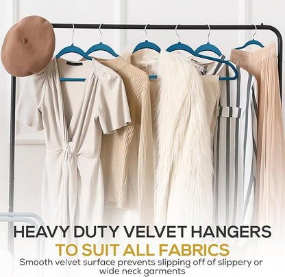 Premium Velvet Hangers 50 Pack Ultra Thin Non Slip Adult Felt Space Saving Slim Suit Hanger for Closet Heavy Duty Coat Pants Jackets Dress Hangers 360° Swivel Hook Hold Upto 10 lbs Blue