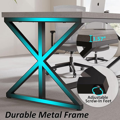 IBF 60” Grey Computer Office Desk, Modern Large Gray Office Desk for Home, Industrial Long Wood Metal Pc Work Writing Desks, Farmhouse Simple Study Executive Computer Table with Storage, Light Grey