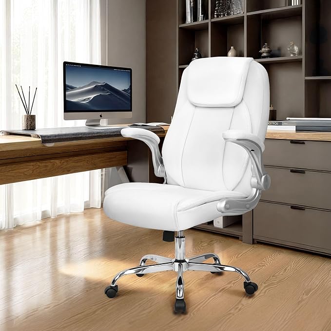 NEO CHAIR Ergonomic Office Desk Gaming Computer Chair Executive High Back Support Flip-up Arms Adjustable Height Swivel Rolling Wheels Comfy PU Leather for Home (White)