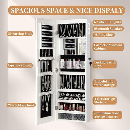 LED Mirror Jewelry Cabinet with Bluetooth Speaker, Wall/Door Mounted Jewelry Organizer Armoire, Full Length Lighted Mirror with Jewelry Storage,Jewelry Box Standing for Women
