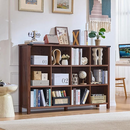 12 Cube Storage Organizer, Farmhouse 62 Inch Wide Brown Walnut Display Bookshelf, Wooden 3 Tier Large Open Book Shelf, Vintage Bookcase for Home Office, Cubby Cabinet for Living Room, Office
