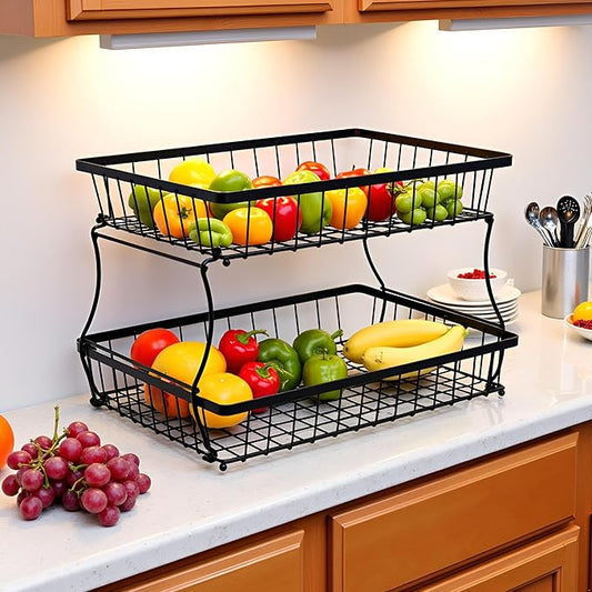 HOSY 2 Tier Steel Basket, Standing Storage Rack Ideas for Fruits, Vegetables, Bread, etc. (17-inch)