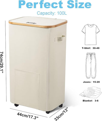 Vincona Laundry Basket with Wheels, Tall Dirty Clothes Hamper on Wheels, Rolling Laundry Hamper with lid for Dorm, Bedroom and Bathroom (Beige, 100L)