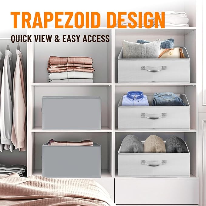 Criusia Closet Organizers Bins 6 Pack - Large Closet Shelf Organizer with Handles - Fabric Trapezoid Home Organization and Storage Baskets for Organizing Clothes Toy Blanket Towel Purse Hats