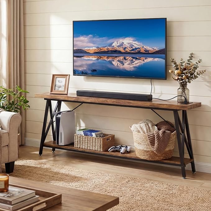 Homieasy 70.9 Inch Extra Long Console Table, Industrial Sofa Table Behind Couch with Charging Station & Storage Shelf, Entryway Table for Living Room & Entryway, Rustic Brown