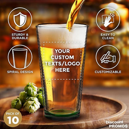 Custom Spiral Pint Glass 16 oz. Set of 10, Personalized Bulk Pack - Beer Glasses, Heavy Duty Drinkware - Green