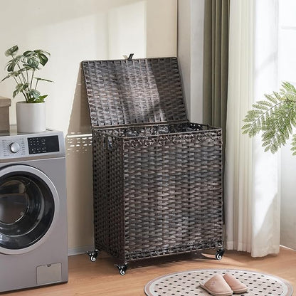 Laundry Hamper with Wheels&Lid, 50.2 Gallons(190L) Rolling Laundry Basket with Wheels, 3-Section Laundry Hamper, Handwoven Rattan Clothes Hamper with 6 Removable Liner& 3 Mesh Laundry Bags, Brown