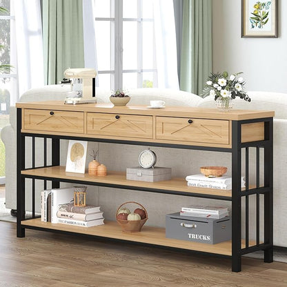 HSH Sofa Table with Storage, 55” Wood Entryway Table with 3 Drawers, 3 Tier Console Table Behind Couch for Living Room, Farmhouse Wooden and Metal Entry Hallway Table for Entrance, Oak, 55 in