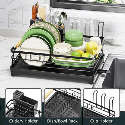 Epicano Dish Drying Rack for Kitchen Counter,Space-Saving Dish Rack,Rustproof Dish Drainer with Utensil Holder and Knife Slots for Sink,Kitchen Drying Rack with Wooden Handle and Cup Holder, Black