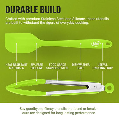 Kaluns Kitchen Tongs for Cooking Grilling Set of 4, BBQ Grill Tongs With Silicone Tip Stainless Steel Heat Resistant, Non-stick Pull Lock, Incl 7, 9, 12 Inch Tong Plus a Silicone Spatula