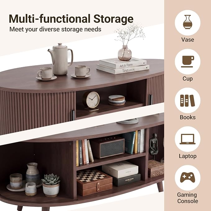 Seang Fluted Coffee Table with Storage,39" Oval Coffee Table with Dual Sliding Doors,Wooden Center Table for Living Room Home Office,Walnut