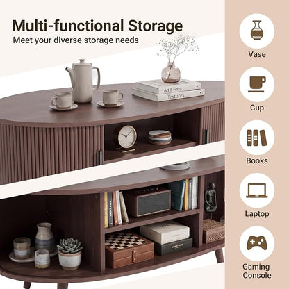 Seang Fluted Coffee Table with Storage,39" Oval Coffee Table with Dual Sliding Doors,Wooden Center Table for Living Room Home Office,Walnut