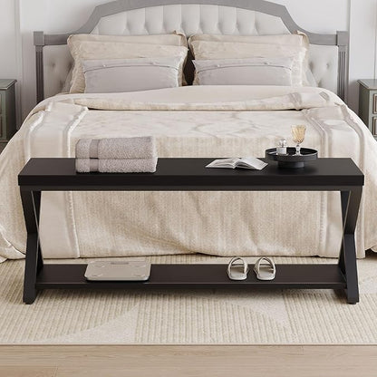 IBF Black Bench, Modern Entryway Bench for Bedroom, Wood Metal Storage Hallway Bench for Dining Living Room, Farmhouse Shoe Rack Indoor Accent Seating Bench for Foyer Entrance, Black Oak, 47 Inch Long