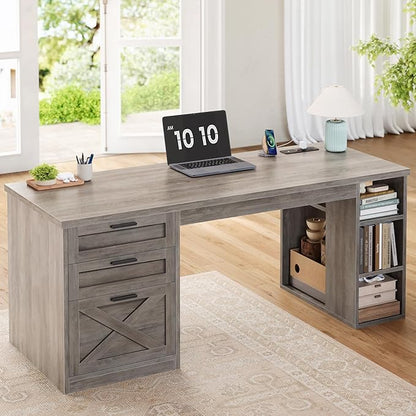 SEDETA 55.1" Executive Computer Desk with 3 Drawers, Farmhouse Office Desk with File Drawer & Storage Shelves, Executive Desk with Power Outlet for Home Office, Grey
