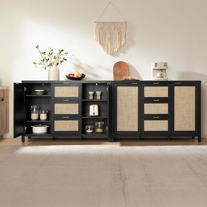 SICOTAS Rattan Sideboard Buffet Coffee Bar Cabinet with Storage - 52" Larger Farmhouse Credenza Storage Cabinet with 3 Drawers and 2 Doors, Boho Console Table for Living Room, Kitchen, Black Oak