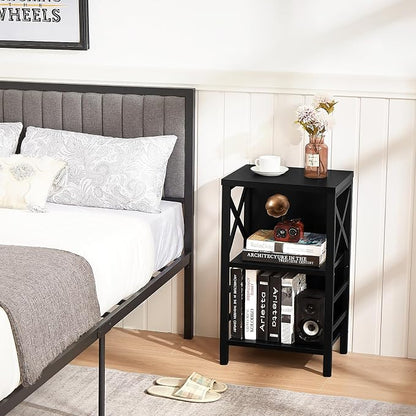 MNEETRUNG Small Bookshelf,3 Tier Industrial Bookcase with Metal Frame and Backboard,Low Black Book Shelf,Book case for Small Spaces,Living Room,Bedroom and Home Office