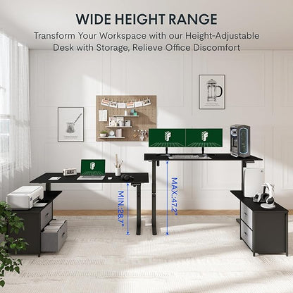 FLEXISPOT 63'' L Shaped Reversible Standing Desk with Drawers and Shelves, Large Corner Stand Up Executive Desk for Home Office, Black Top+ Black Frame