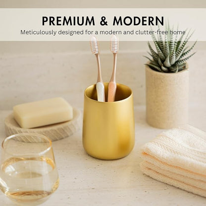 Yew Design Gold Toothbrush and Toothpaste Holder and Cup for Bathroom Vanity and Countertop, Round Organizer for Electric Toothbrushes, Floss, Razors, Cotton, and Mouthwash