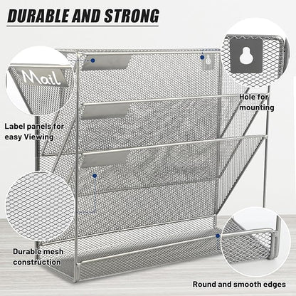 EASEPRES Desk File Organizer Mesh 4-Tier, Hanging Wall Mount Document Organization Stand, Desktop Vertical Mail Paper Folder Holder Rack with Bottom Tray for Office Home Cubicle Countertop, Silver