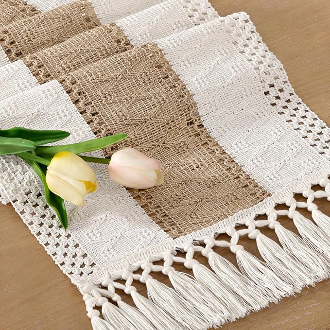 Socomi Boho Table Runner Valentine's Day Farmhouse Rustic Dining Kitchen Centerpiece Decor Small Macrame Woven Cotton Linen Coffee Table Runner for Dresser Scarf Home Decor 12x36 inch