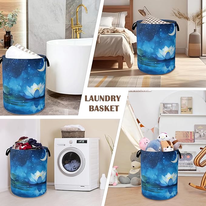 Waterlily Moon Laundry Hamper,Collapsible Laundry Baskets,Starry Night Dirty Clothes Baskets with Handles,Oxford Cloth Hamper for Bedroom,Bathroom,College Dorms, 16"x20"